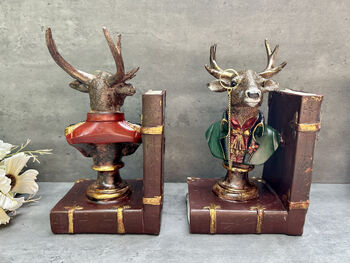Set Of Elegant Suited Deer Bookends Novelty Décor Gift, 3 of 12