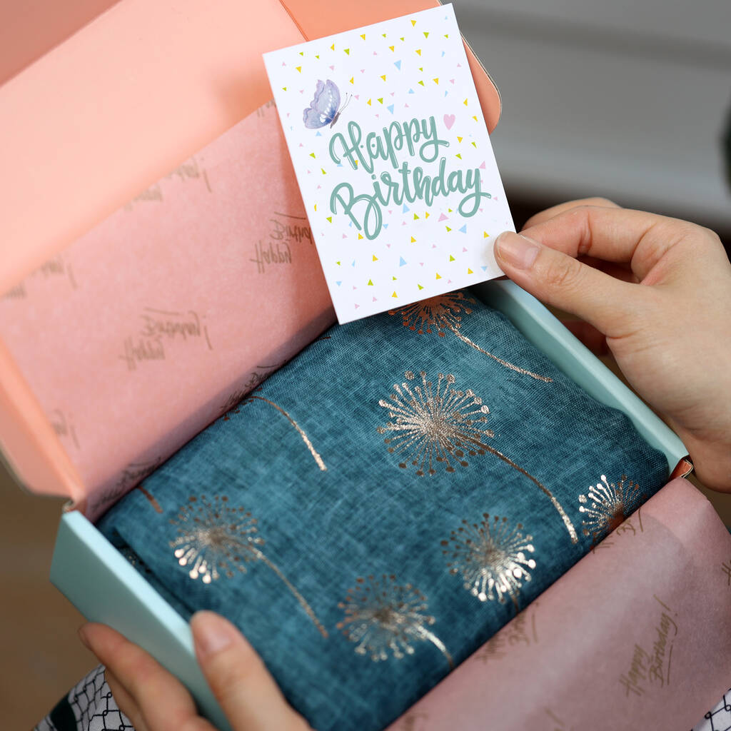 Dandelion Foil Birthday Letterbox Gift Scarf, 1 of 12