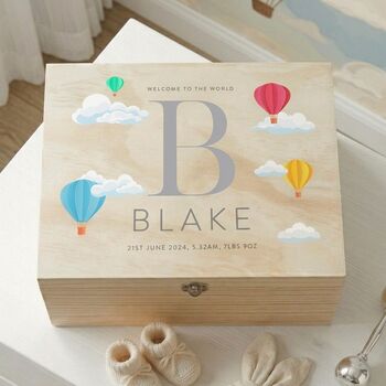 Personalised Hot Air Balloon New Baby Keepsake Box, 2 of 12