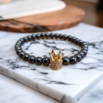 Hematite Bead Bracelet With Gem Encrusted Gold Crown, 3 of 5