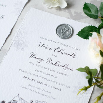 Silver Wax Seal Venue Illustration Wedding Invitations, 3 of 12