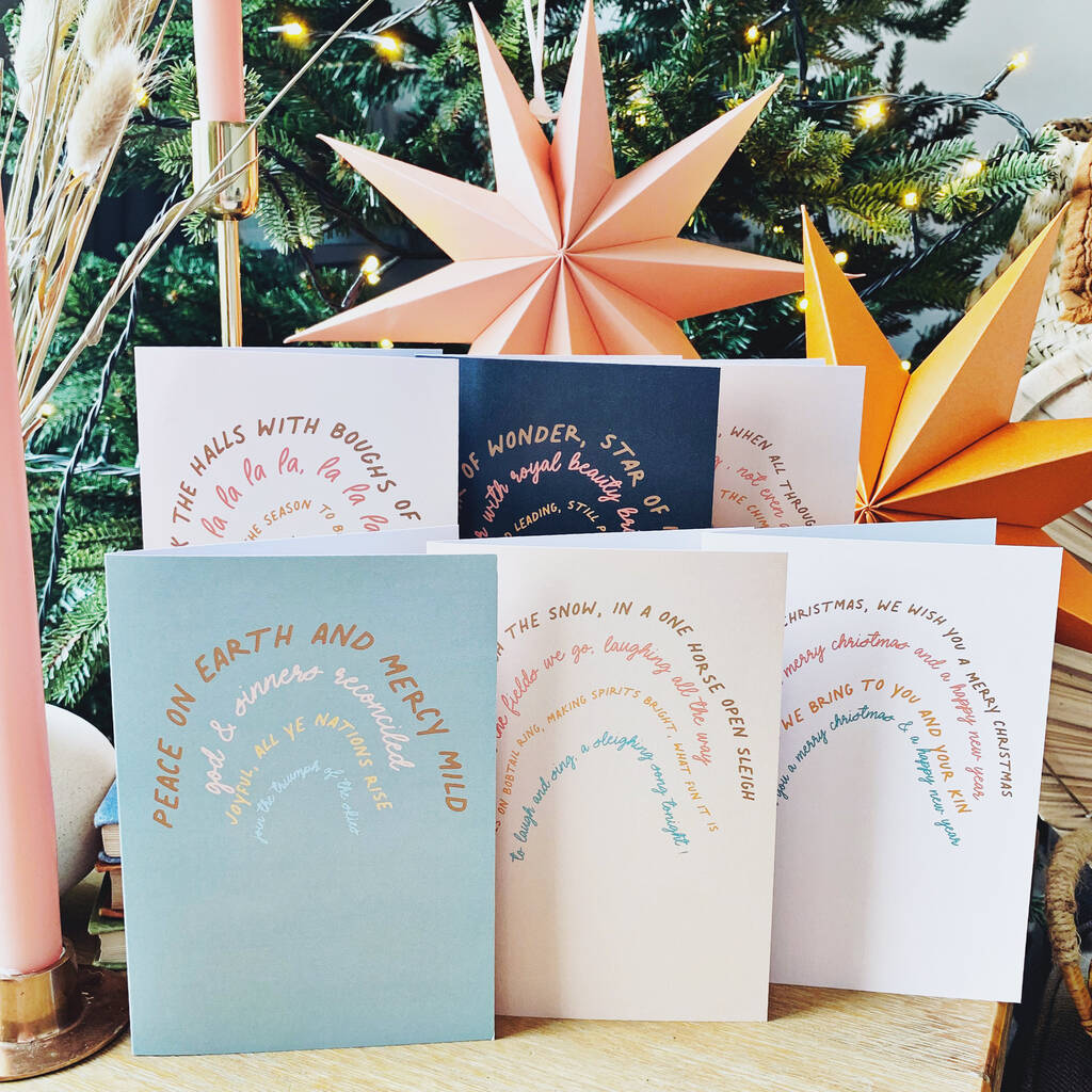 Six Rainbow Christmas Carol Cards Recycled, 1 of 6