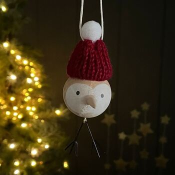 Wooden Bird In Burgundy Pompom Hat Hanging Decoration, 2 of 2