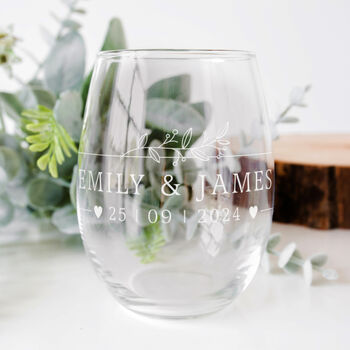 Set Of Two Wedding Botanical Stemless Wine Glasses, 2 of 7