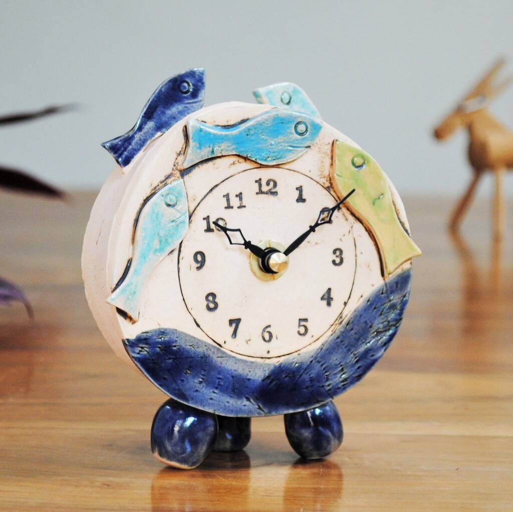 Handmade Clock With Fish Coloured In Blues By IGstudio Ceramics