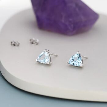 Genuine Swiss Blue Topaz Trillion Cut Stud Earrings, 2 of 8