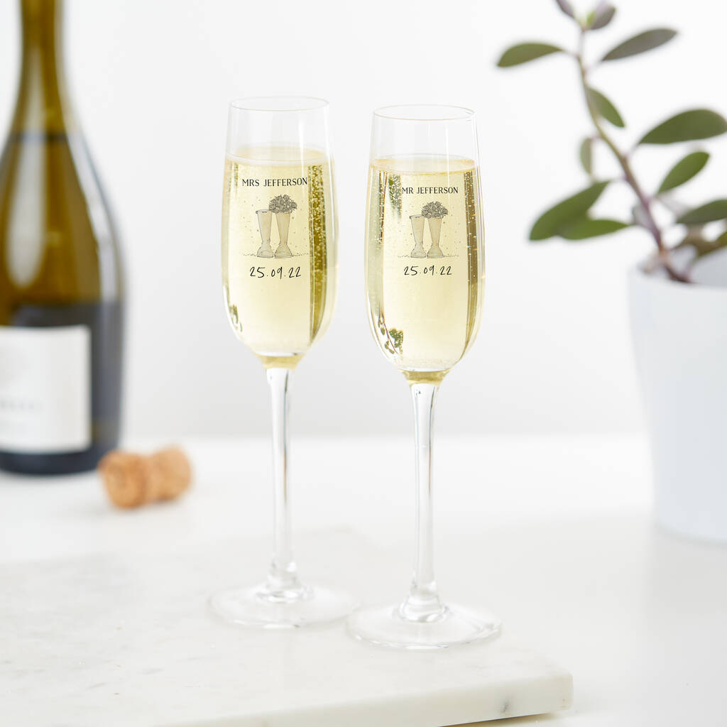 Personalised Pair Of Wedding Welly Champagne Glasses, 1 of 2