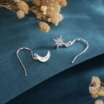 Sterling Silver Extra Tiny Starburst And Moon Dangle Drop Hook Earrings, 6 of 12