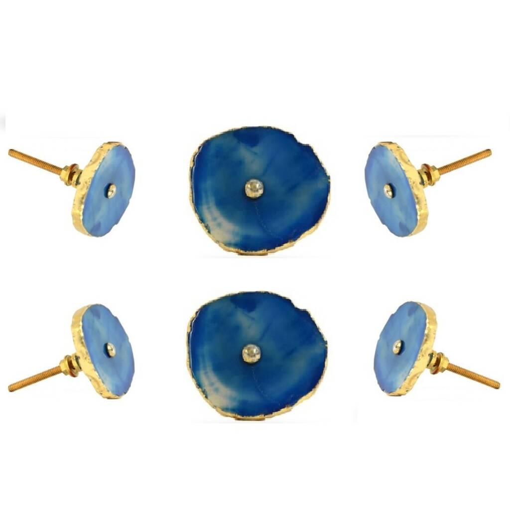 Set Of Six Blue Agate Knob With Gold Hardware By TrincaFerro
