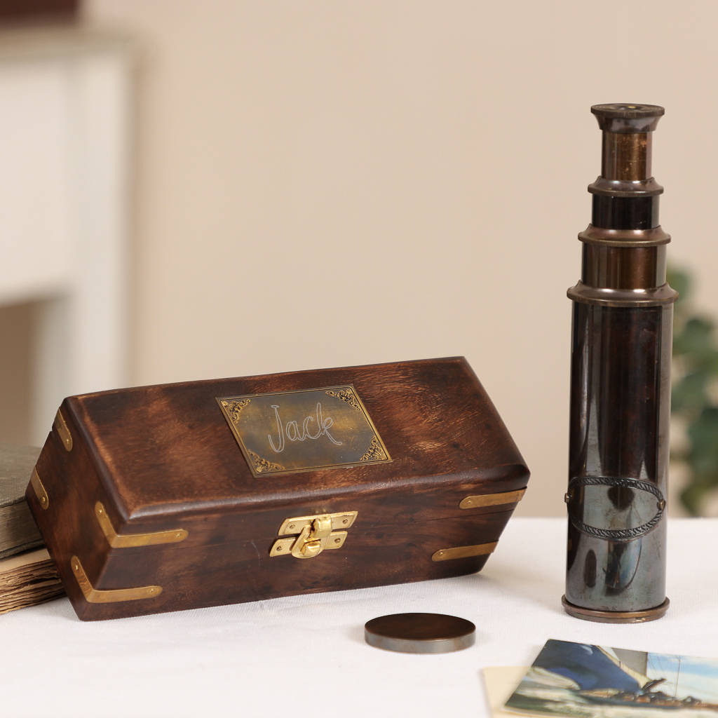 personalised antique style telescope in wooden box by dibor