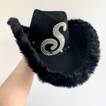Personalised Black Cowboy Hat With Faux Fur Trim, 4 of 7