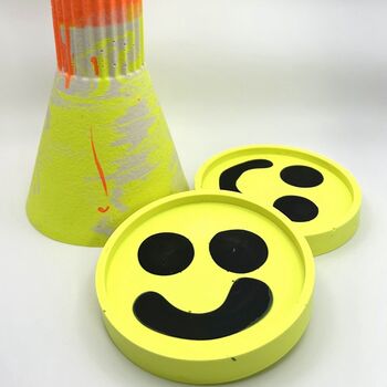 Smiley Face Coasters/ Trays Neon Yellow Set Of Two, 6 of 12