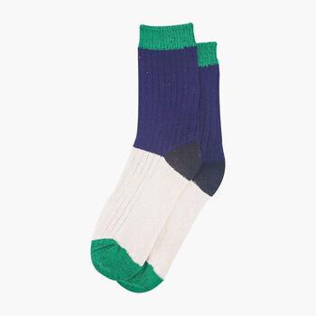 Glitter Mid Calf Ribbed Cotton Boot Socks Colour Block Navy Cream, 4 of 4
