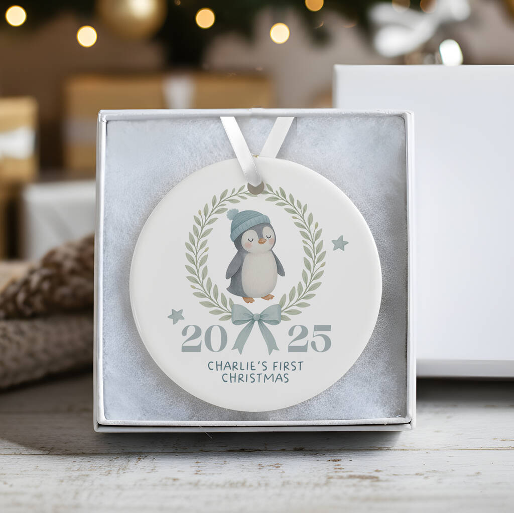 Personalised Baby's First Christmas Penguin Bauble Keepsake In Pink Or Blue, 1 of 6