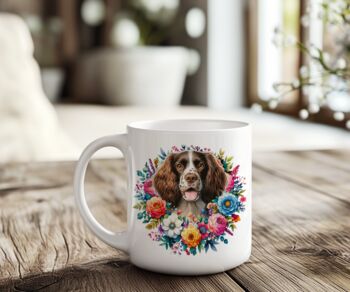 Personalised Springer Spaniel Summer Floral Dog Wreath Cushion And Mug Bundle, 2 of 4