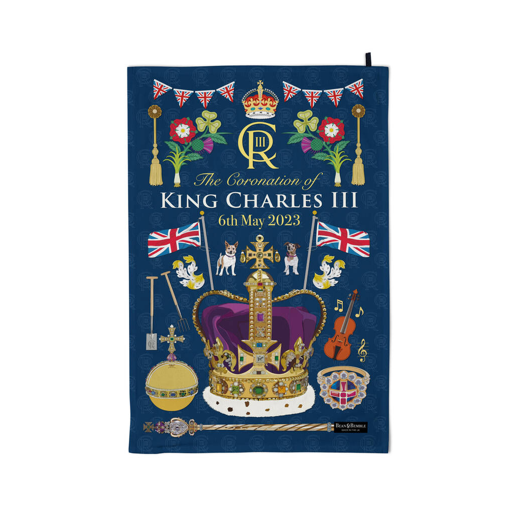Pre Order King Charles Coronation Tea Towel Blue By Bean and Bemble