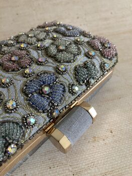 Grey Handcrafted Multicoloured Flower Rectangular Clutch, 4 of 11