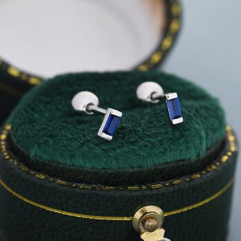 Sterling Silver Extra Tiny Sapphire Blue Baguette Cz Screw Back Earrings, 7 of 12