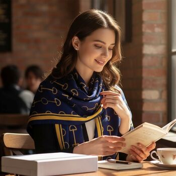 Equestrian Snaffle Bit Print Scarf | Navy Blue And Yellow, 10 of 10