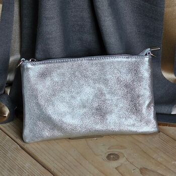 Metallic Leather Cross Body Pouch Clutch Bag In Silver, 3 of 3