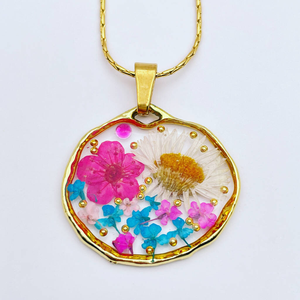 Real Daisy Pink Flowers Circle Pendant Necklace Small Hand Made By ...