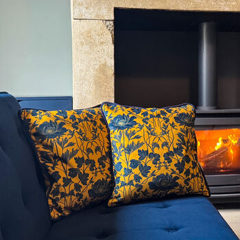 Luxury Velvet Cushion With Piping Summer Mustard And Navy Optional Piping, 3 of 8