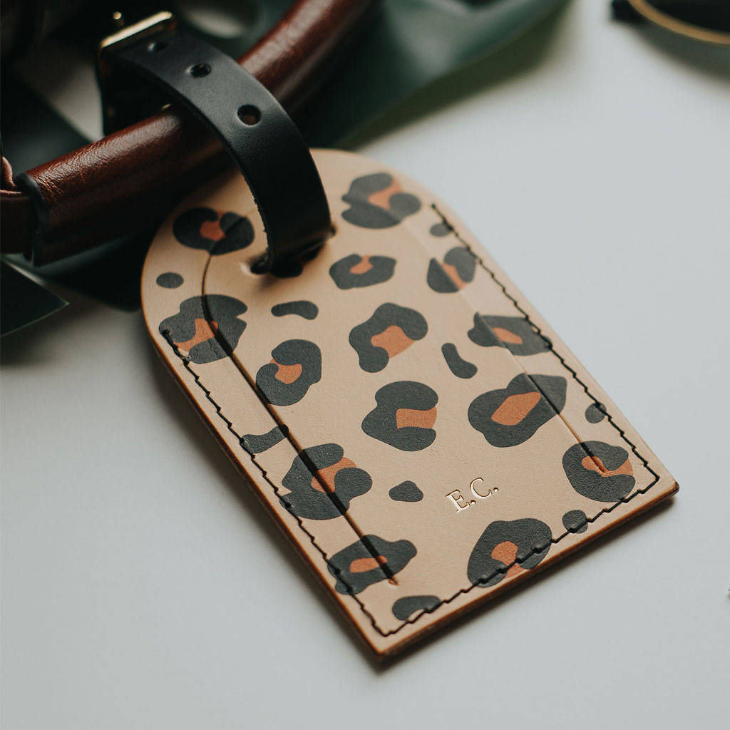 personalised leopard print leather luggage tag by create gift love