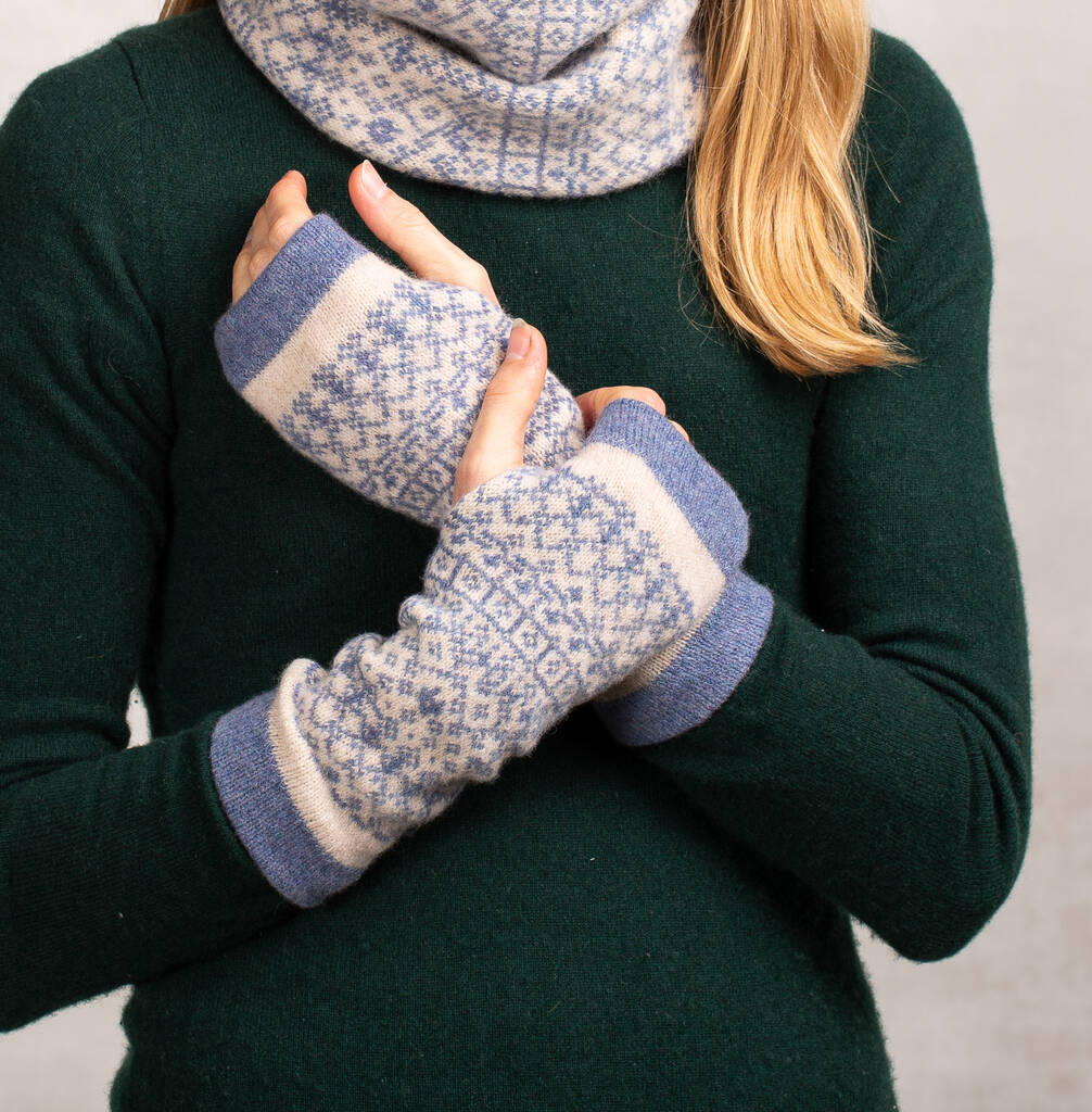 Knitted Fair Isle Wrist Warmers In Two Colours By Suzie Lee Knitwear