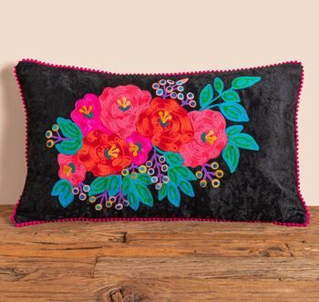 Black Floral Embroidered Cotton Velvet Cushion Cover, 2 of 7