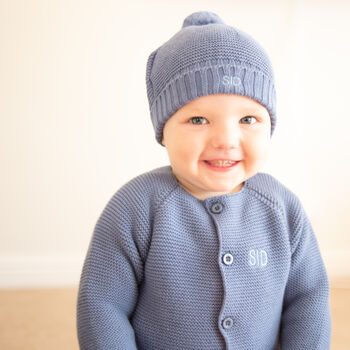 Luxury Blue Grey Bobble Hat And Cardigan Baby Gift Set, 3 of 12