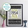 Personalised 70th Birthday Print Gift Year Facts 1954, thumbnail 1 of 11