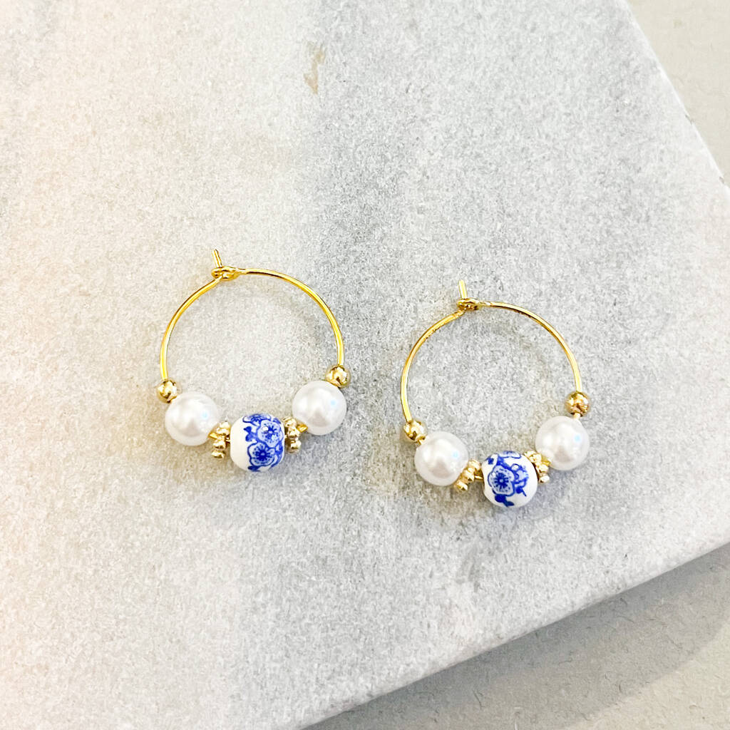 Classic Ceramic And Pearl Bead Gold Hoop Earrings, 1 of 1