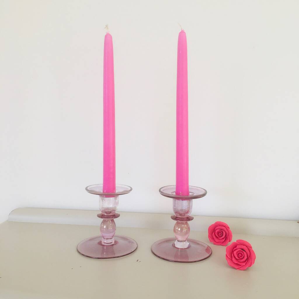 Pair Of Vintage Pink Glass Candlesticks By Chapel Cards
