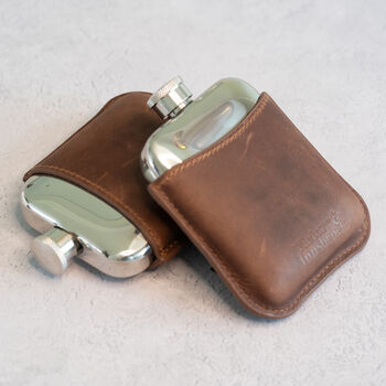 Brown Leather Cased Hip Flask 6oz In Silver / Copper, 4 of 10