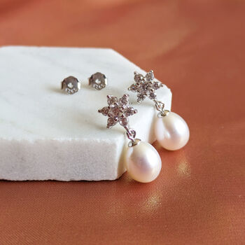 Pearl And Crystal Sterling Silver Flower Drop Earrings, 2 of 3
