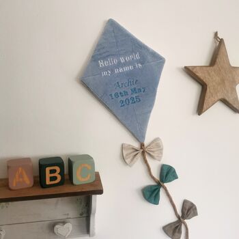 Hello World My Name Is, Hanging Fabric Kite, Pastel Blue Velour Fabric Wall Decor With Four Fabric Bows, Baby Shower Gift, Birth Announcement, 6 of 9