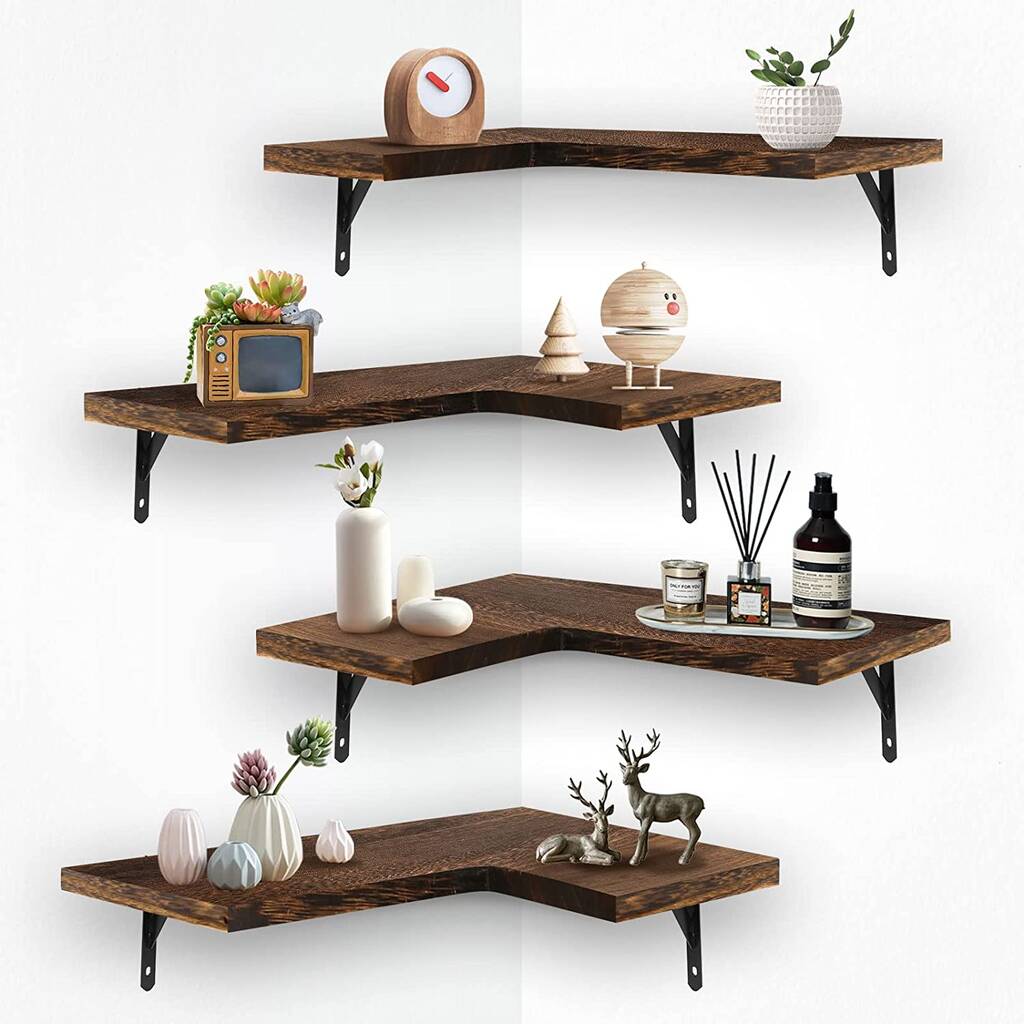 Four Pieces Dark Brown Corner Wall Mounted Shelves, 1 of 7