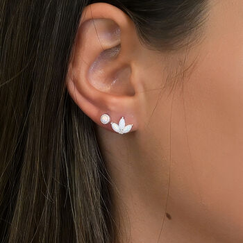 Sterling Silver White Opal Lotus Stud Earrings, 2 of 6
