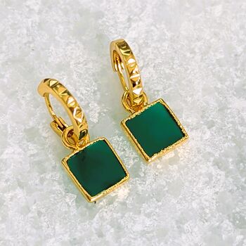 The Square Green Onyx Gold Plated Gemstone Earrings, 4 of 6