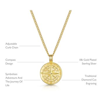 Compass Men's Necklace 18 K Gold Plated Solid Silver, 7 of 11