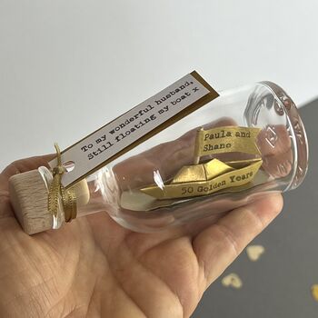 Personalised Gold Paper Ship In A Bottle – Golden Anniversary Gift, 12 of 12