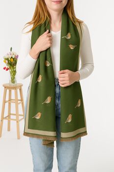 Khaki Green Robin Sketch Blanket Scarf, 2 of 5