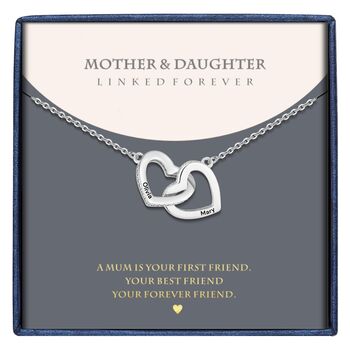 Personalise Mother And Daughter Twin Heart Necklace Engraved Name, 2 of 5