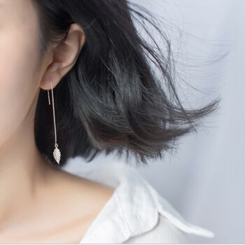 Sterling Silver Leaf Threader Earrings, 3 of 4