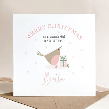 Personalised Christmas Card For Daughter: Robin With Christmas Gift Design, 2 of 5