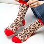 Leopard Print Contrast Cuff Women's Bamboo Socks Beige Red, thumbnail 1 of 5