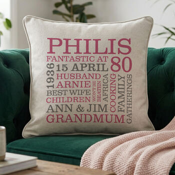 Personalised 80th Birthday Word Art Cushion, 6 of 9