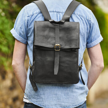 Rolltop Black Leather Backpack, 3 of 4