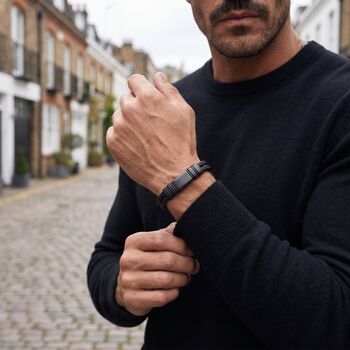 Men’s Adjustable Black Double Leather Bracelet – 12mm Woven Design With Black Stainless Steel Clasp, 3 of 10