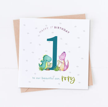 Personalised Teal Dinosaur 1st Birthday Card, 2 of 2